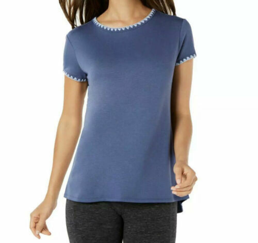 Ideology Womens Blue Short Sleeve Stitch Shirt Top Size S Split Back Hem New